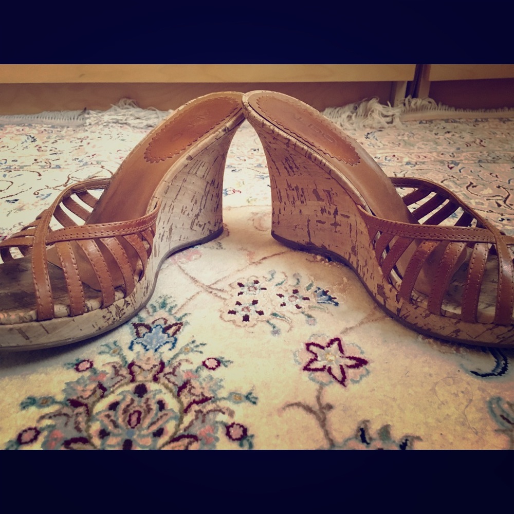 Aldo carmel/brown leather and cork wedge sandals